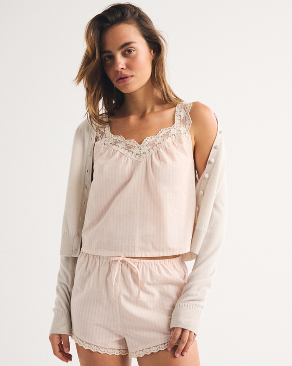 100% Cotton Lace-Trim Sleep Cami, Light Pink Stripe view 1