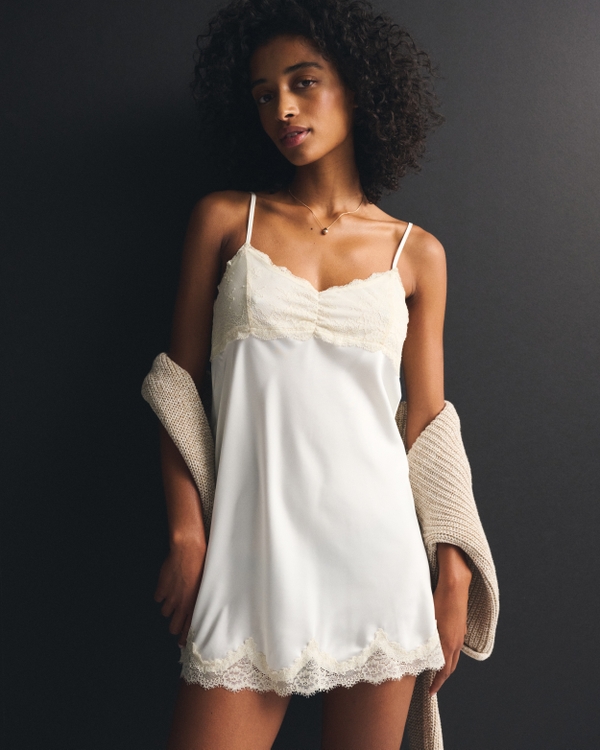 Lace-Trim Satin Nightie, Pearl view 1