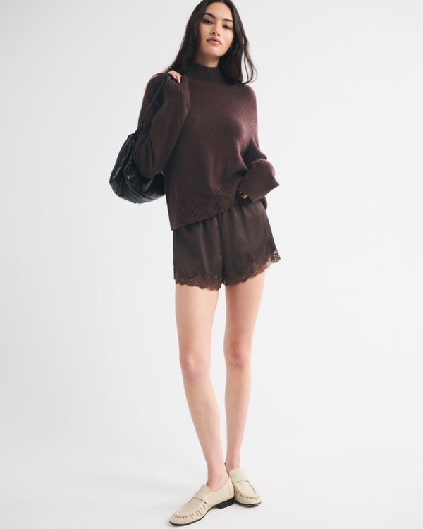 Lace-Trim Satin Short, Dark Coffee view 2
