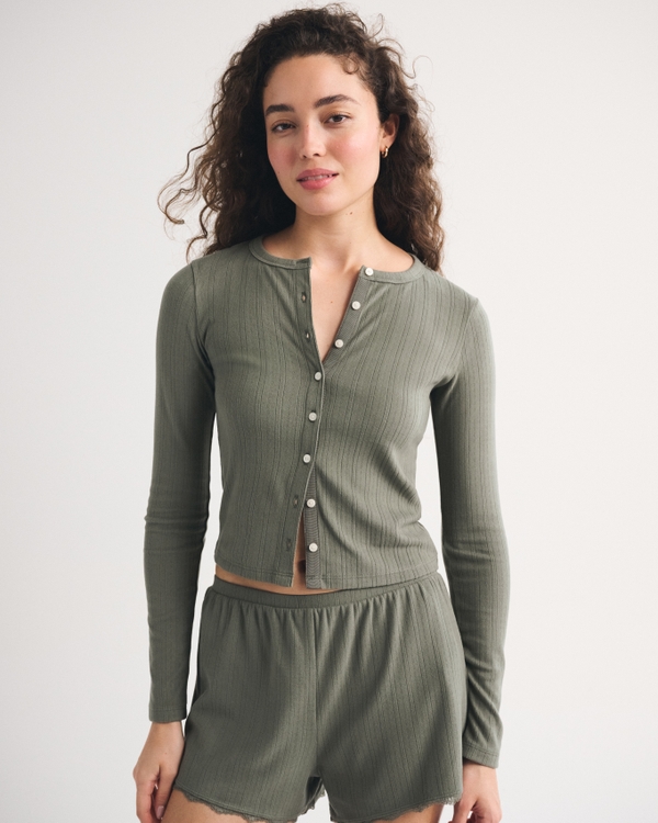 Long-Sleeve Sleep Cardigan, Olive Gray view 1