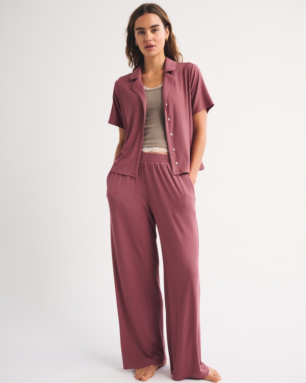 Short-Sleeve Button-Through Ribbed Sleep Shirt, Cool Blush view 2