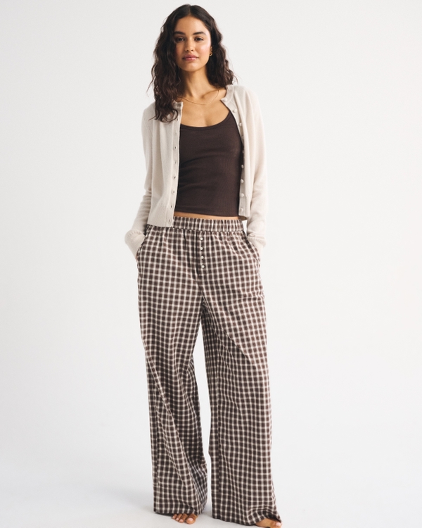 Wide Leg Lounge Pant, Brown Plaid view 1