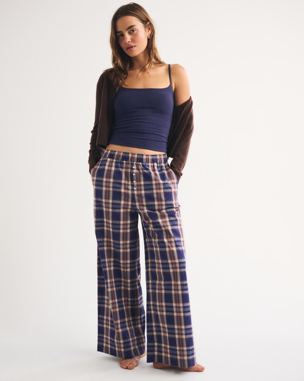 Wide Leg Lounge Pant, Navy Plaid view 1