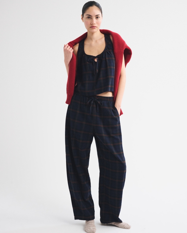 Women's Flannel Sleep Tank, Navy Plaid view 2