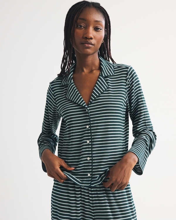 Modal-Blend Button Front Sleep Top, Green Stripe view 1