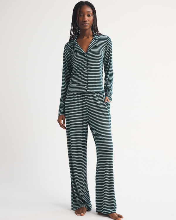 Modal-Blend Button Front Sleep Top, Green Stripe view 2