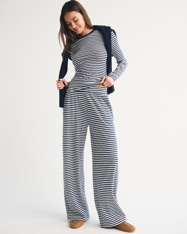 Lounge Brushed Wide Leg Sweatpant, Navy Stripe view 1