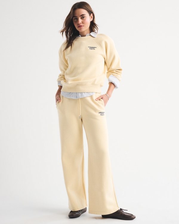 Jogging décontracté taille haute à jambe large et logo, Jaune Clair view 1