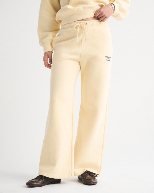 Jogging décontracté taille haute à jambe large et logo, Jaune Clair view 2