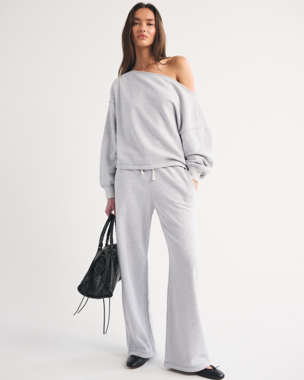 High Rise Sunday Terry Wide Leg Sweatpant, Light Gray view 1