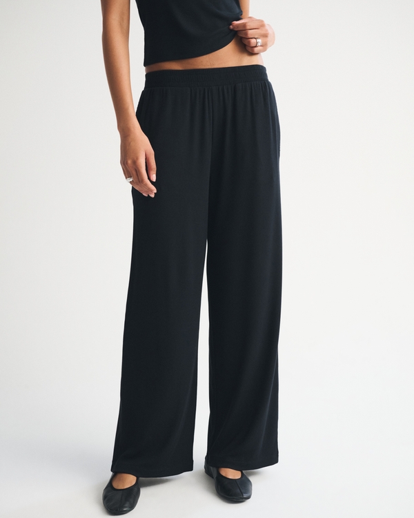 Wide Leg Ribbed Sleep Pant, Black view 2