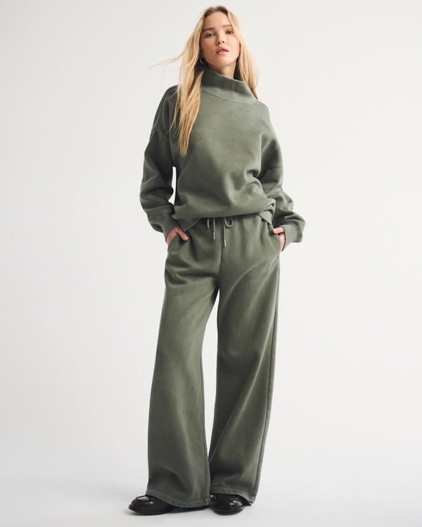 High Rise Sunday Wide Leg Sweatpant, Muted Basil view 1