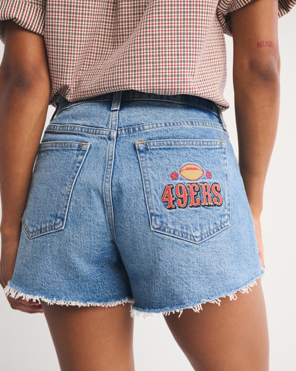 San Francisco 49ers Curve Love Mid Rise A-Line Denim Short, Medium Wash - 49ers view 2