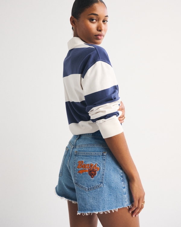 Chicago Bears Curve Love Mid Rise A-Line Denim Short, Medium Wash - Bears view 1