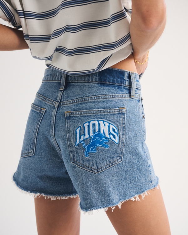 Detroit Lions Mid Rise A-Line Denim Short, Medium Wash - Lions view 1