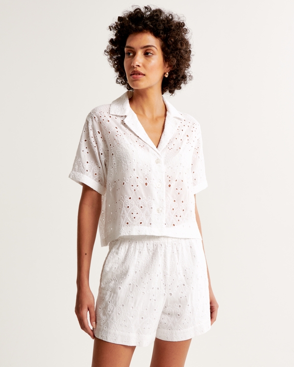 Schiffli Embroidered Pull-On Short, White