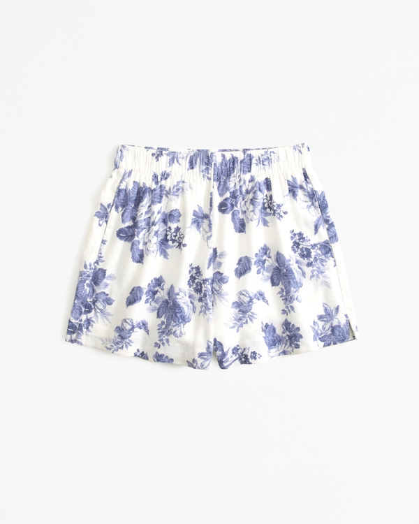 Linen-Blend Pull-On Short, Blue Floral
