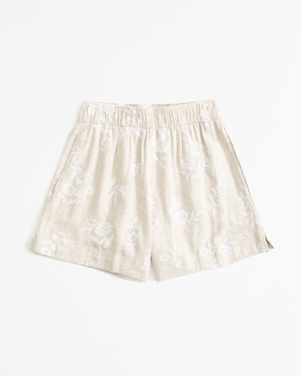 Linen-Blend Embroidered Pull-On Short, Tan Floral