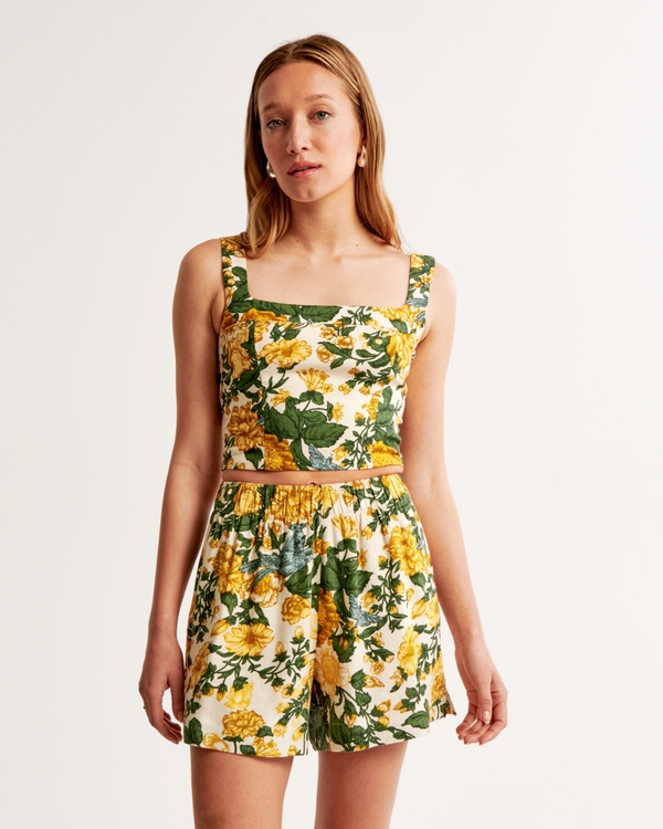 Linen-Blend Pull-On Short, Yellow Floral