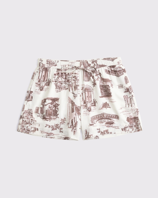 Mid Rise Linen-Blend Pull-On Short, White Pattern view 1