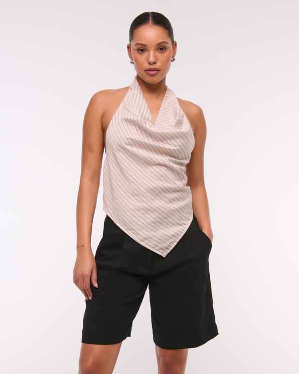 Bermudashort van linnenmix met middelhoge taille, Zwart view 1