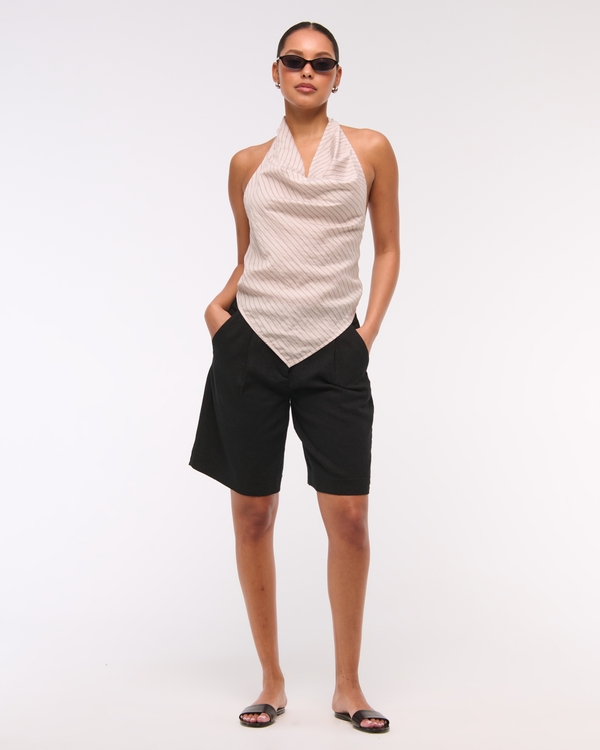 Bermudashort van linnenmix met middelhoge taille, Zwart view 2