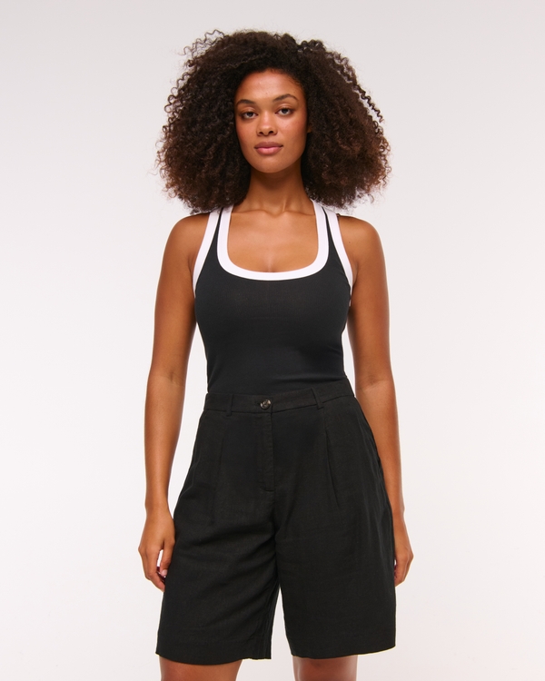Curve Love Bermuda Shorts aus Leinenmischung mit mittelhohem Bund, Schwarz view 1