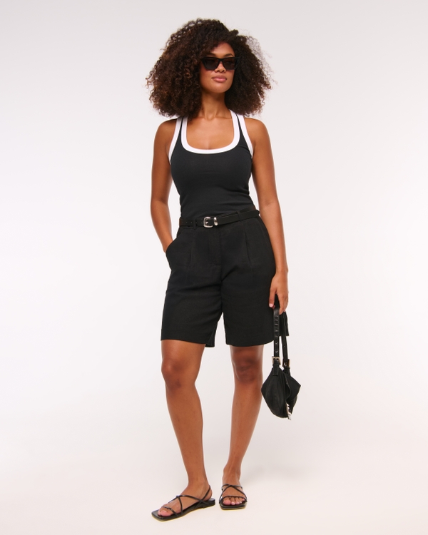 Curve Love Bermuda Shorts aus Leinenmischung mit mittelhohem Bund, Schwarz view 2
