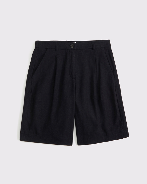 Curve Love bermudashort van linnenmix met halfhoge taille, Zwart view 1