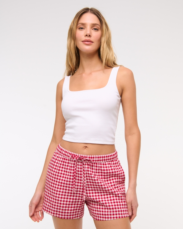 Linen-Blend Pull-On Short, Red Gingham view 1