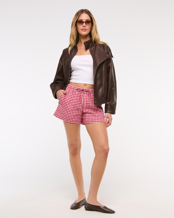 Linen-Blend Pull-On Short, Red Gingham view 2