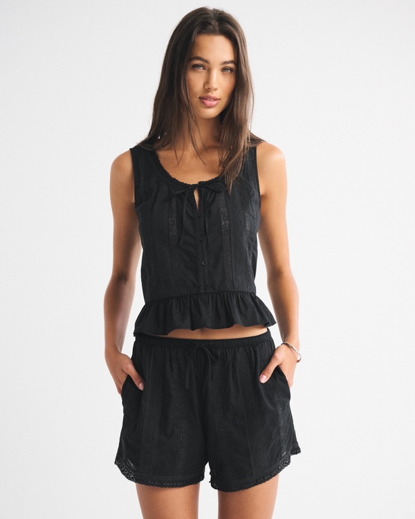 Cotton Lace-Trim Pull-On Short, Black view 1