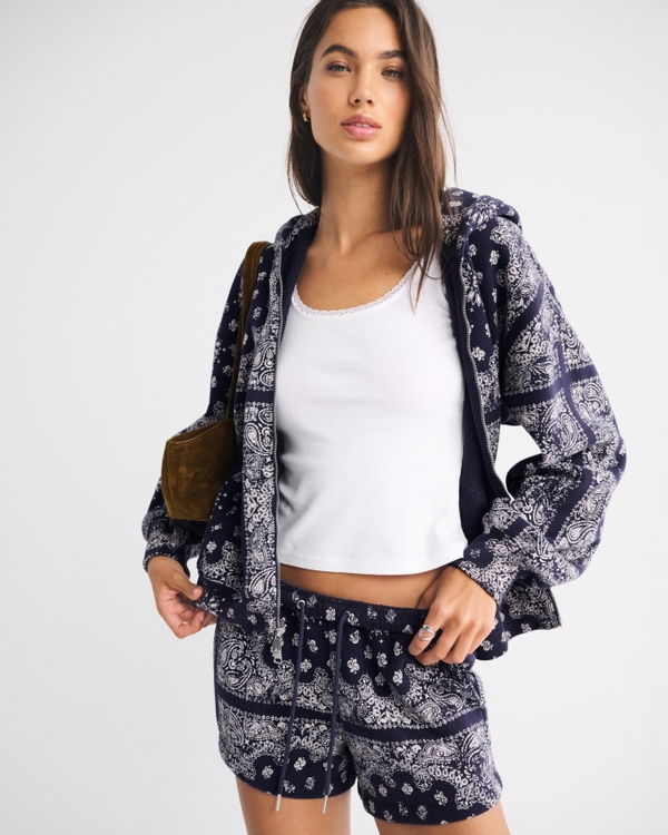 High Rise Sunday Mini Short, Navy Paisley view 1