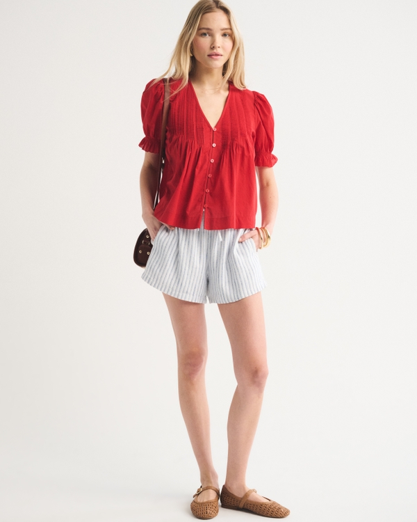 Linen-Blend Pull-On Short, Blue Stripe view 2