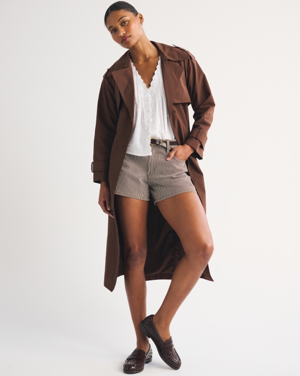 Curve Love Mid Rise A-Line Denim Short, Brown Stripe view 2