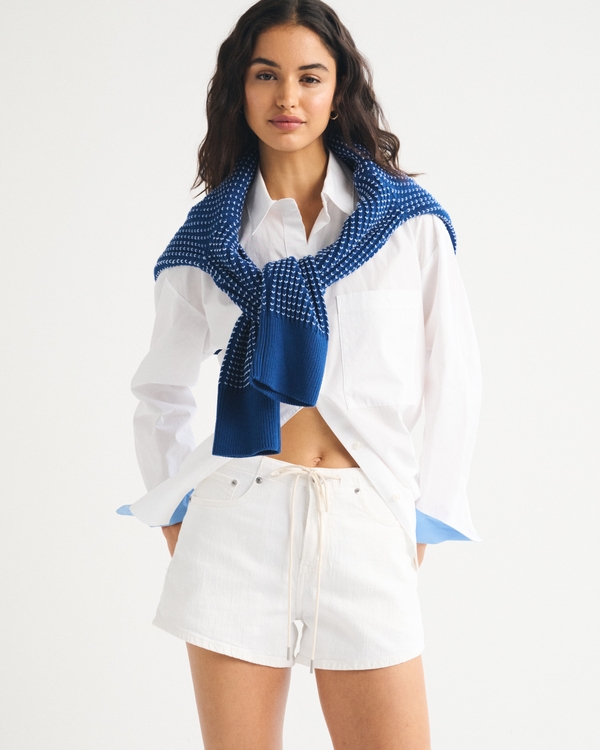 High Rise Linen-Blend Denim Short, White view 1