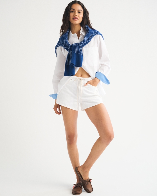 High Rise Linen-Blend Denim Short, White view 2