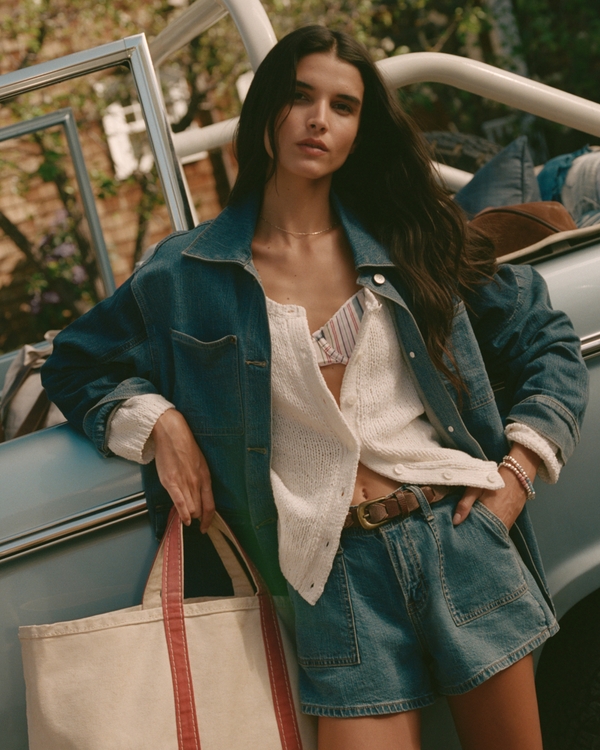 High Rise Linen-Blend Denim Short, Light Wash view 1