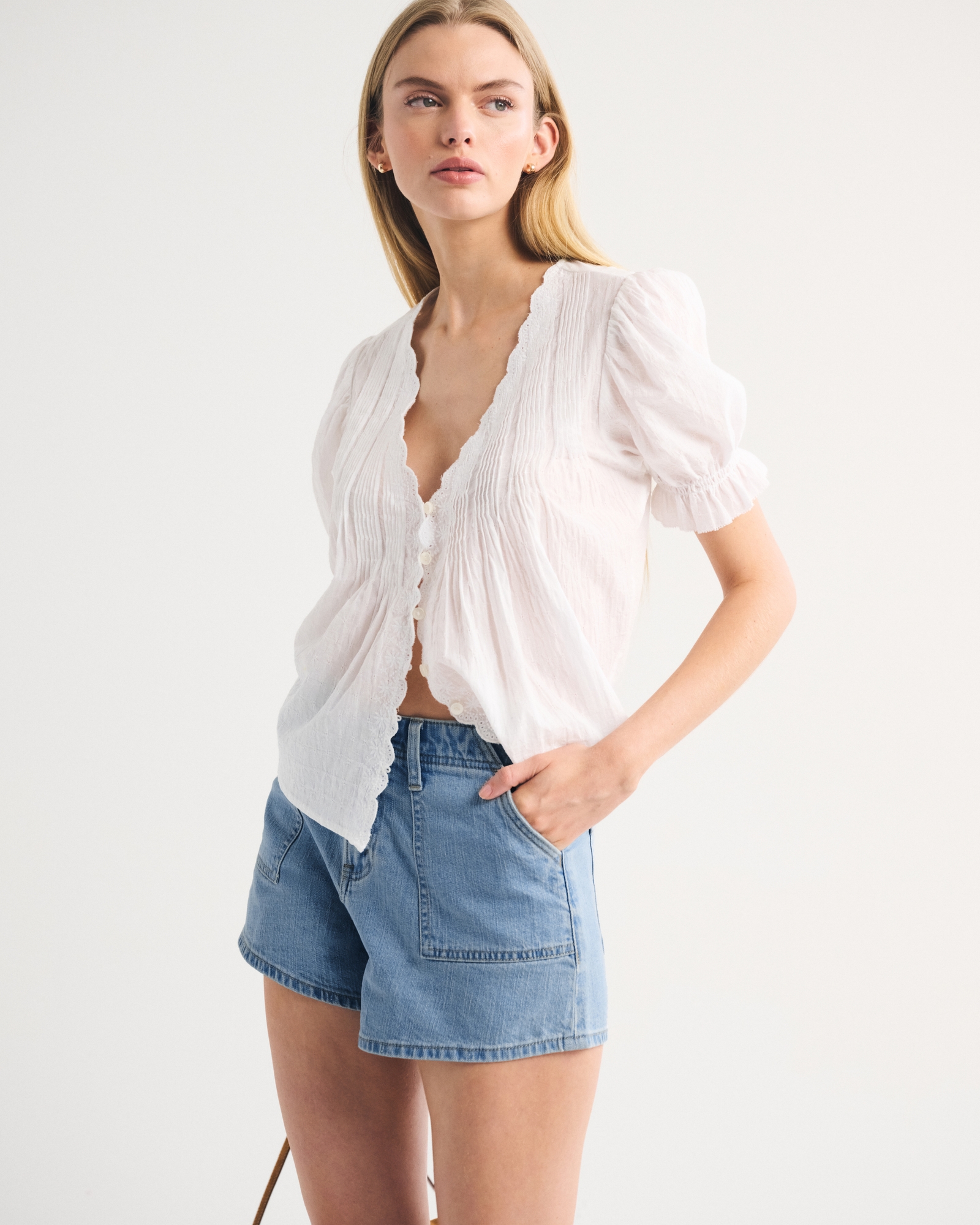 High Rise Linen-Blend Denim Short