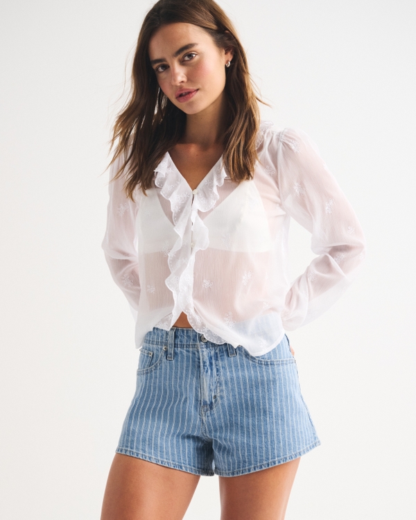 High Rise Linen-Blend Denim Short, Medium Stripe view 1