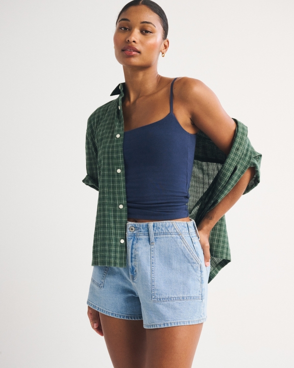 Curve Love High Rise Linen-Blend Denim Short, Light view 1