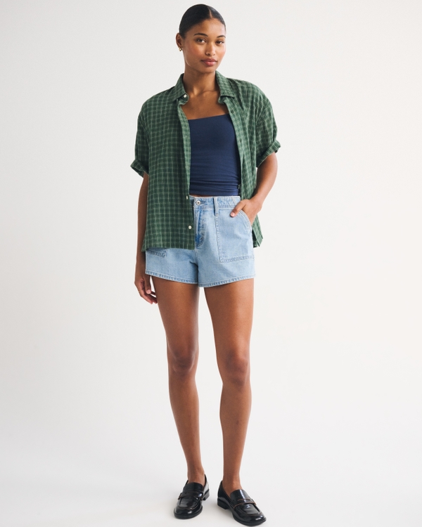 Curve Love High Rise Linen-Blend Denim Short, Light view 2