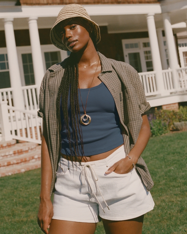 Curve Love High Rise Linen-Blend Denim Short, White view 1