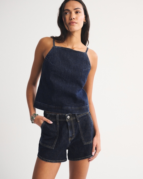 High Rise Linen-Blend Denim Short, Dark view 1