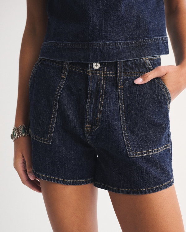 High Rise Linen-Blend Denim Short, Dark view 2