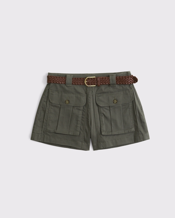 High Rise Belted Cargo Short, Olive Green view 1