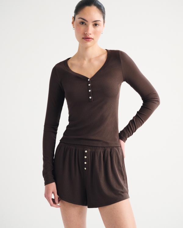 High Rise Ribbed Lounge Short, Brown view 1