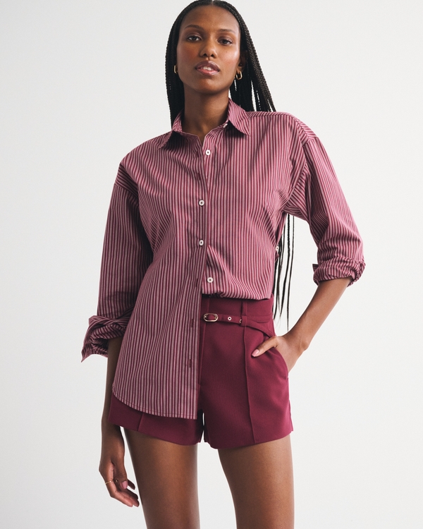 Belted Micro Tailored A-Line Short, Dark Maroon view 1