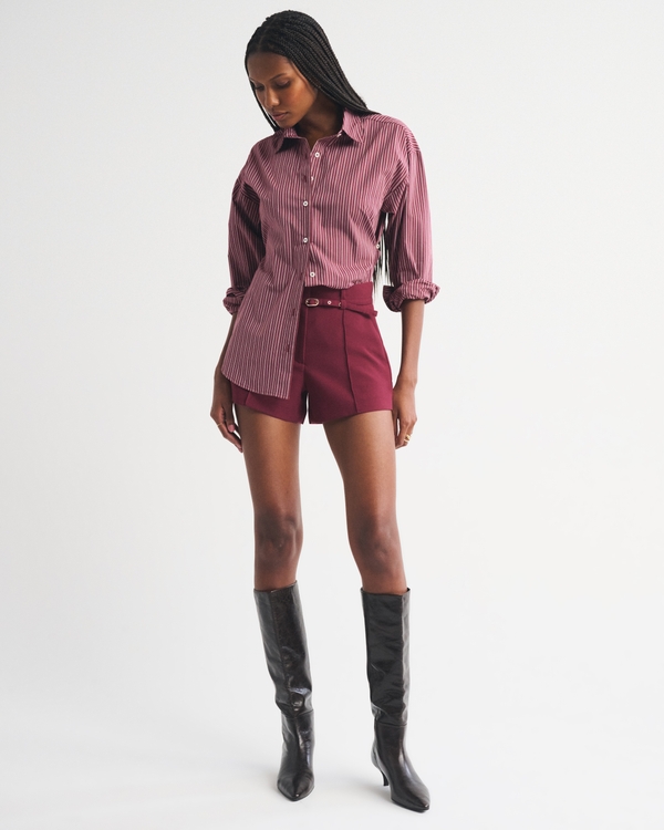 Belted Micro Tailored A-Line Short, Dark Maroon view 2