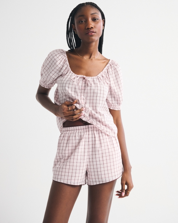 Seersucker Pull-On Boxer Short, Light Pink Plaid view 1